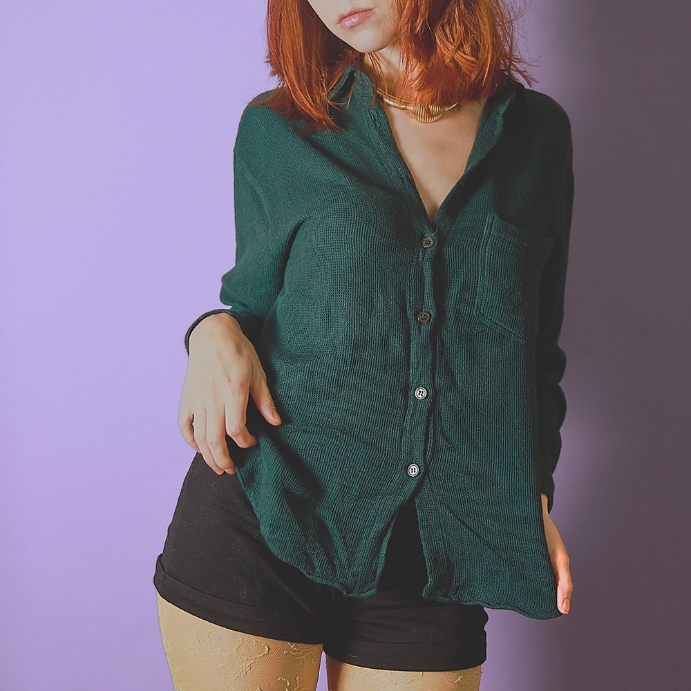 90s colleegiette green waffle button-up blouse